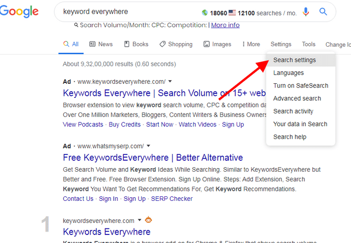 search ranking of keyword